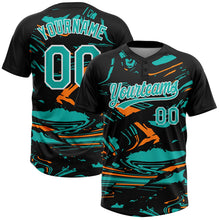 Laden Sie das Bild in den Galerie-Viewer, Uksn Individuelles Schwarz Aqua Bay Orange-Weiß Raglanärmel Abstrakt fließender Marmor Zweiknopf Unisex Softball-Trikot

