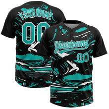 Laden Sie das Bild in den Galerie-Viewer, Uksn Individuelles Schwarz Aqua-Weiß Raglanärmel Abstrakt fließender Marmor Zweiknopf Unisex Softball-Trikot
