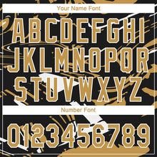 Laden Sie das Bild in den Galerie-Viewer, Uksn Individuelles Schwarz Altgold-Weiß Raglanärmel Abstrakt fließender Marmor Zweiknopf Unisex Softball-Trikot
