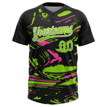 Laden Sie das Bild in den Galerie-Viewer, Uksn Individuelles Schwarz Neongrün Pink-Weiß Raglanärmel Abstrakt fließender Marmor Zweiknopf Unisex Softball-Trikot

