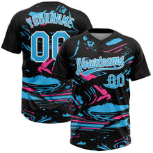 Laden Sie das Bild in den Galerie-Viewer, Uksn Individuelles Schwarz Himmelblau Pink-Weiß Raglanärmel Abstrakt fließender Marmor Zweiknopf Unisex Softball-Trikot
