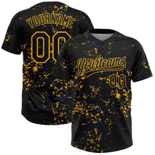 Laden Sie das Bild in den Galerie-Viewer, Uksn Individuelles Schwarz Gold-Royalblau Abstrakt zersplitterter Farbspritzer Zweiknopf Unisex Softball-Trikot
