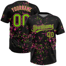 Laden Sie das Bild in den Galerie-Viewer, Uksn Individuelles Schwarz Neongrün-Pink Abstrakt zersplitterter Farbspritzer Zweiknopf Unisex Softball-Trikot
