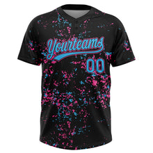 Laden Sie das Bild in den Galerie-Viewer, Uksn Individuelles Schwarz Himmelblau Pink-Hellblau Abstrakt zersplitterter Farbspritzer Zweiknopf Unisex Softball-Trikot
