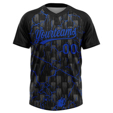 Laden Sie das Bild in den Galerie-Viewer, Uksn Individuelles Schwarz Gewitterblau-Grau Raglanärmel Neon-Blitz-Craquele Zweiknopf Unisex Softball-Trikot
