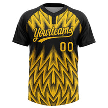 Laden Sie das Bild in den Galerie-Viewer, Uksn Individuelles Schwarz-Gelb Raglanärmel Abstrakt geometrisches Chevron-Zickzack Zweiknopf Unisex Softball-Trikot
