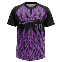 Laden Sie das Bild in den Galerie-Viewer, Uksn Individuelles Schwarz-Violett Raglanärmel Abstrakt geometrisches Chevron-Zickzack Zweiknopf Unisex Softball-Trikot
