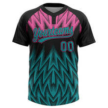 Laden Sie das Bild in den Galerie-Viewer, Uksn Individuelles Schwarz Petrol-Pink Raglanärmel Abstrakt geometrisches Chevron-Zickzack Zweiknopf Unisex Softball-Trikot
