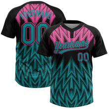 Laden Sie das Bild in den Galerie-Viewer, Uksn Individuelles Schwarz Petrol-Pink Raglanärmel Abstrakt geometrisches Chevron-Zickzack Zweiknopf Unisex Softball-Trikot
