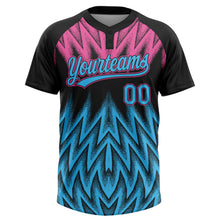 Laden Sie das Bild in den Galerie-Viewer, Uksn Individuelles Schwarz Himmelblau-Pink Raglanärmel Abstrakt geometrisches Chevron-Zickzack Zweiknopf Unisex Softball-Trikot
