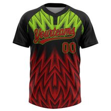 Laden Sie das Bild in den Galerie-Viewer, Uksn Individuelles Schwarz Rot-Neongrün Raglanärmel Abstrakt geometrisches Chevron-Zickzack Zweiknopf Unisex Softball-Trikot
