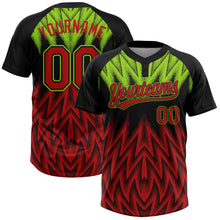 Laden Sie das Bild in den Galerie-Viewer, Uksn Individuelles Schwarz Rot-Neongrün Raglanärmel Abstrakt geometrisches Chevron-Zickzack Zweiknopf Unisex Softball-Trikot
