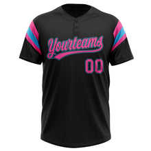 Laden Sie das Bild in den Galerie-Viewer, Uksn Individuelles Schwarz Pink-Himmelblau Raglanärmel Streifen Zweiknopf Unisex Softball-Trikot
