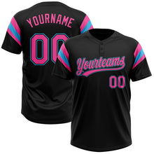 Laden Sie das Bild in den Galerie-Viewer, Uksn Individuelles Schwarz Pink-Himmelblau Raglanärmel Streifen Zweiknopf Unisex Softball-Trikot

