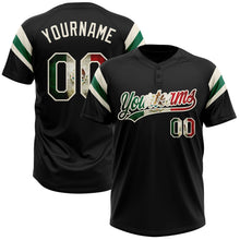 Laden Sie das Bild in den Galerie-Viewer, Uksn Individuelles Schwarz Vintage mexikanische Flagge Creme-Kelly-Grün Raglanärmel Streifen Zweiknopf Unisex Softball-Trikot
