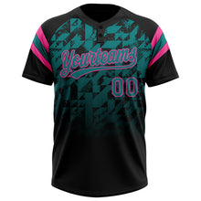 Laden Sie das Bild in den Galerie-Viewer, Uksn Individuelles Schwarz Petrol-Pink Farbverlauf geometrisches Gitter Ärmelstreifen Zweiknopf Unisex Softball-Trikot
