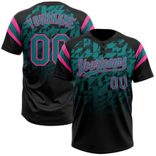 Laden Sie das Bild in den Galerie-Viewer, Uksn Individuelles Schwarz Petrol-Pink Farbverlauf geometrisches Gitter Ärmelstreifen Zweiknopf Unisex Softball-Trikot
