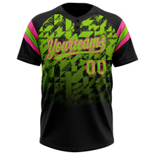 Laden Sie das Bild in den Galerie-Viewer, Uksn Individuelles Schwarz Neongrün-Pink Farbverlauf geometrisches Gitter Ärmelstreifen Zweiknopf Unisex Softball-Trikot
