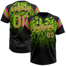 Laden Sie das Bild in den Galerie-Viewer, Uksn Individuelles Schwarz Neongrün-Pink Farbverlauf geometrisches Gitter Ärmelstreifen Zweiknopf Unisex Softball-Trikot
