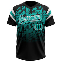 Laden Sie das Bild in den Galerie-Viewer, Uksn Individuelles Schwarz Aqua-Weiß Farbverlauf geometrisches Gitter Ärmelstreifen Zweiknopf Unisex Softball-Trikot
