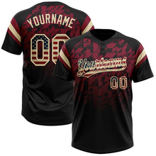 Laden Sie das Bild in den Galerie-Viewer, Uksn Individuelles Schwarz Vintage USA-Flagge Karmesinrot-Creme Farbverlauf geometrisches Gitter Ärmelstreifen Zweiknopf Unisex Softball-Trikot
