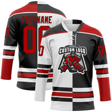 Laden Sie das Bild in den Galerie-Viewer, Uksn Individuelles Schwarz Rot-Weiß Split-Fashion Eishockey-Trikot mit Schnürkragen
