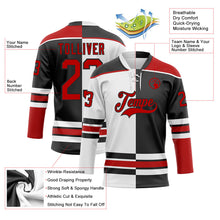 Laden Sie das Bild in den Galerie-Viewer, Uksn Individuelles Schwarz Rot-Weiß Split-Fashion Eishockey-Trikot mit Schnürkragen
