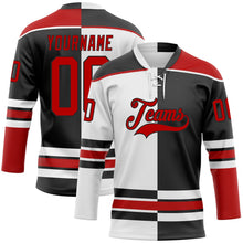 Laden Sie das Bild in den Galerie-Viewer, Uksn Individuelles Schwarz Rot-Weiß Split-Fashion Eishockey-Trikot mit Schnürkragen
