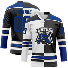 Laden Sie das Bild in den Galerie-Viewer, Uksn Individuelles Schwarz Royalblau-Weiß Split-Fashion Eishockey-Trikot mit Schnürkragen
