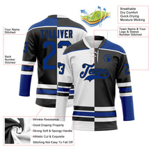 Laden Sie das Bild in den Galerie-Viewer, Uksn Individuelles Schwarz Royalblau-Weiß Split-Fashion Eishockey-Trikot mit Schnürkragen
