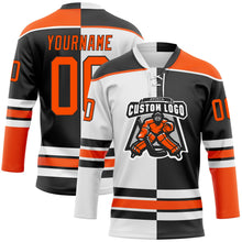 Laden Sie das Bild in den Galerie-Viewer, Uksn Individuelles Schwarz Orange-Weiß Split-Fashion Eishockey-Trikot mit Schnürkragen
