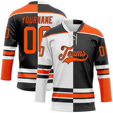 Laden Sie das Bild in den Galerie-Viewer, Uksn Individuelles Schwarz Orange-Weiß Split-Fashion Eishockey-Trikot mit Schnürkragen
