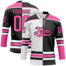 Laden Sie das Bild in den Galerie-Viewer, Uksn Individuelles Schwarz Pink-Weiß Split-Fashion Eishockey-Trikot mit Schnürkragen
