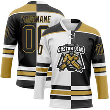 Laden Sie das Bild in den Galerie-Viewer, Uksn Individuelles Schwarz Altgold-Weiß Split-Fashion Eishockey-Trikot mit Schnürkragen

