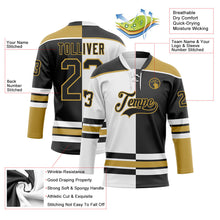 Laden Sie das Bild in den Galerie-Viewer, Uksn Individuelles Schwarz Altgold-Weiß Split-Fashion Eishockey-Trikot mit Schnürkragen
