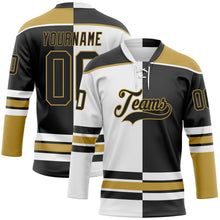 Laden Sie das Bild in den Galerie-Viewer, Uksn Individuelles Schwarz Altgold-Weiß Split-Fashion Eishockey-Trikot mit Schnürkragen
