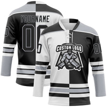 Laden Sie das Bild in den Galerie-Viewer, Uksn Individuelles Schwarz Grau-Weiß Split-Fashion Eishockey-Trikot mit Schnürkragen
