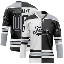 Laden Sie das Bild in den Galerie-Viewer, Uksn Individuelles Schwarz Grau-Weiß Split-Fashion Eishockey-Trikot mit Schnürkragen
