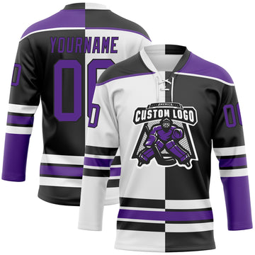 Uksn Individuelles Schwarz Violett-Weiß Split-Fashion Eishockey-Trikot mit Schnürkragen