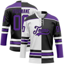Laden Sie das Bild in den Galerie-Viewer, Uksn Individuelles Schwarz Violett-Weiß Split-Fashion Eishockey-Trikot mit Schnürkragen
