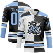 Laden Sie das Bild in den Galerie-Viewer, Uksn Individuelles Schwarz Hellblau-Weiß Split-Fashion Eishockey-Trikot mit Schnürkragen
