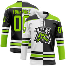 Laden Sie das Bild in den Galerie-Viewer, Uksn Individuelles Schwarz Neongrün-Weiß Split-Fashion Eishockey-Trikot mit Schnürkragen

