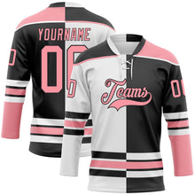 Laden Sie das Bild in den Galerie-Viewer, Uksn Individuelles Schwarz Mittelrosa-Weiß Split-Fashion Eishockey-Trikot mit Schnürkragen
