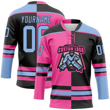Laden Sie das Bild in den Galerie-Viewer, Uksn Individuelles Schwarz Hellblau-Pink Split-Fashion Eishockey-Trikot mit Schnürkragen
