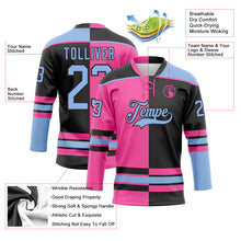 Laden Sie das Bild in den Galerie-Viewer, Uksn Individuelles Schwarz Hellblau-Pink Split-Fashion Eishockey-Trikot mit Schnürkragen
