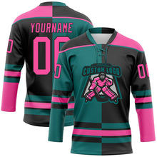 Laden Sie das Bild in den Galerie-Viewer, Uksn Individuelles Schwarz Pink-Petrol Split-Fashion Eishockey-Trikot mit Schnürkragen
