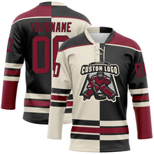 Laden Sie das Bild in den Galerie-Viewer, Uksn Individuelles Schwarz Karmesinrot-Creme Split-Fashion Eishockey-Trikot mit Schnürkragen
