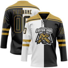 Laden Sie das Bild in den Galerie-Viewer, Uksn Individuelles Schwarz Altgold-Weiß Split-Fashion Eishockey-Trikot mit Schnürkragen
