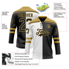 Laden Sie das Bild in den Galerie-Viewer, Uksn Individuelles Schwarz Altgold-Weiß Split-Fashion Eishockey-Trikot mit Schnürkragen
