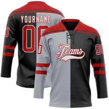 Laden Sie das Bild in den Galerie-Viewer, Uksn Individuelles Schwarz Rot Grau-Weiß Split-Fashion Eishockey-Trikot mit Schnürkragen
